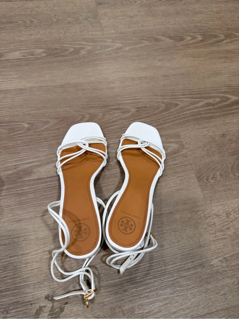 New Tory Burch White Strappy Square-Toe Lace-Up Sandals